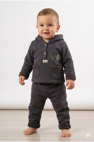 Mini Baray Baby Boy Pine Tree Embroidered Hooded Kangaroo Top and Bottom Set ...