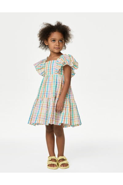 Marks & Spencer Saf Pamuklu Ekose Desenli Elbise (2-7 Yaş)