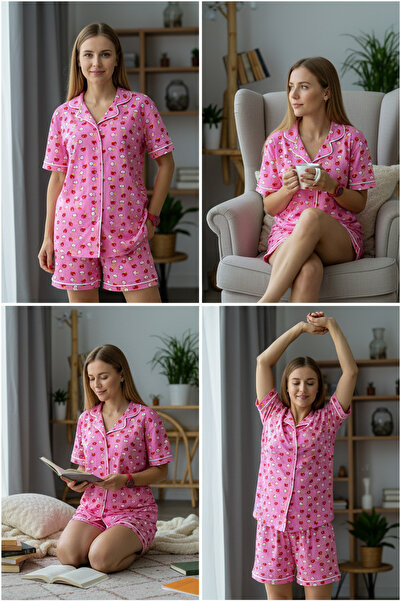 Class Pamuklu Baskılı Düğmeli Pijama Takımı Elmalı