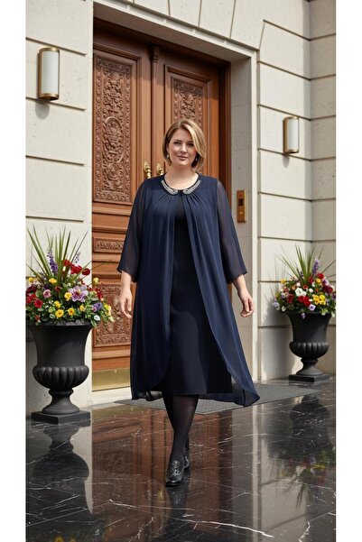 Nidya Moda Kadın Lacivert Üst Şifon Abiye Elbise 4037L