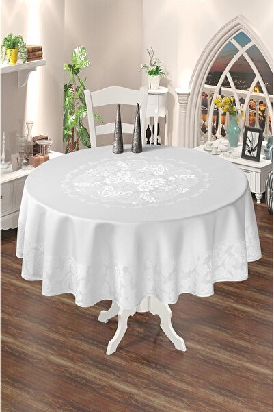 NEEA HOME Jumbo Dertsiz Beyaz Renk Jakarlı Yuvarlak Masaörtüsü 160X160Cm %100...
