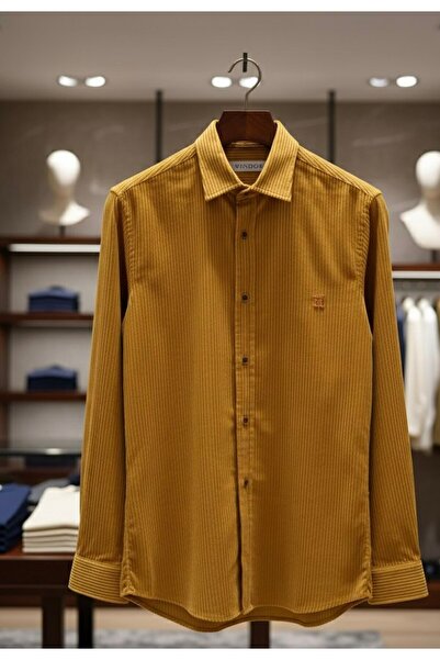 YusGos Men's Regular Fit Corded Fabric Velvet High Quality Winter Shirt Mustard 2XL