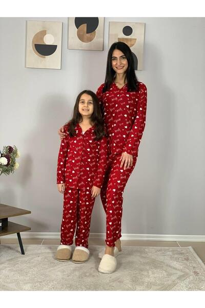YusGos Mother Daughter Matching Outfit Front Buttoned Peter Pan collar 100% Cotton Love Patterned Pajama Set (Red)