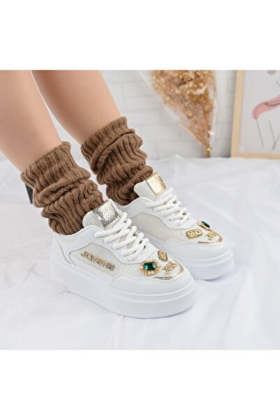 Tmall Pantofi sport De dama,cu insertii de plasa,Cu pietre,D1375,Alb