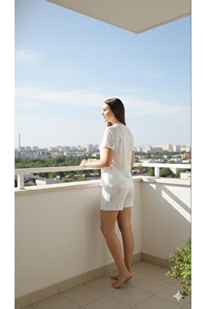 Sude HOMEWEAR ΓΥΝΑΙΚΕΙΟ ΣΕΤ ΠΙΤΖΑΜΑ ΠΙΤΖΑΜΑ ΜΕ ΣΟΡΤΣ ΚΟΝΤΟ ΜΑΝΙΚΙ ΜΕ ΣΧΕΔΙΟ ΜΠΛΕ ΛΟΥΛΟΥΔΙ