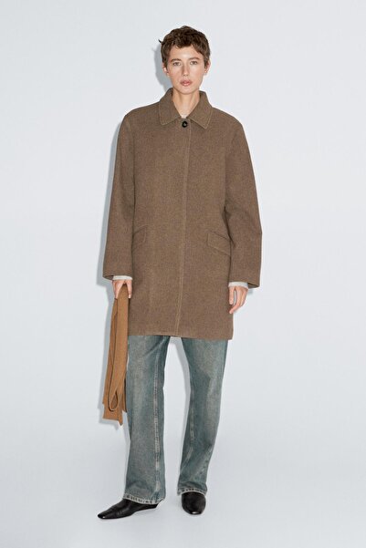 Massimo Dutti Kapaklı cepli orta boy yün karışımlı kaban