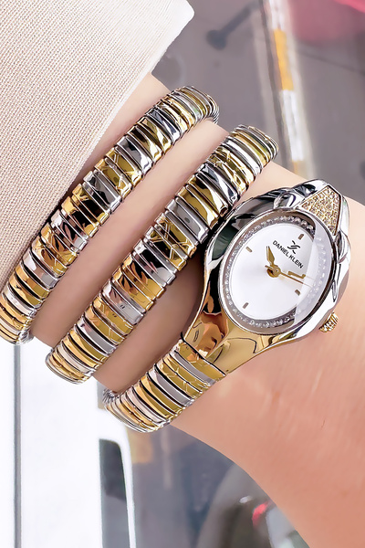 Daniel Klein Snake Watch Model - Women's Wrist Watch, Waterproof Gold Gumus Steel Band - Bracelet Gift Dkby2045C4