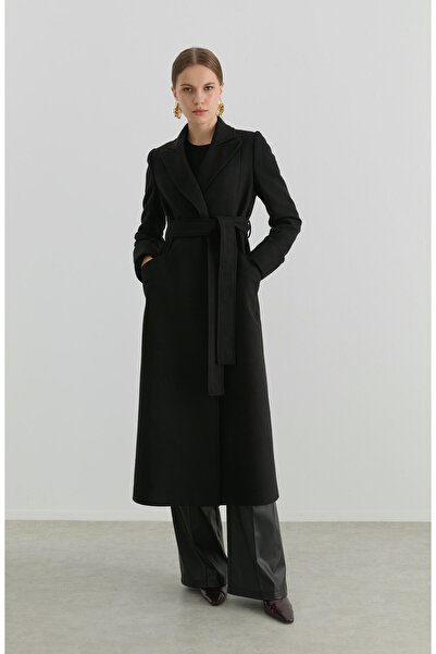 Fatma Atasoy Kuşaklı Siyah Kaşmir Maksi Kaban