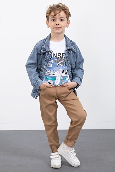 Cansın Mini Синя джинсова куртка на блискавці з кишенями для хлопчиків, штани 3 шт. комплект 20019