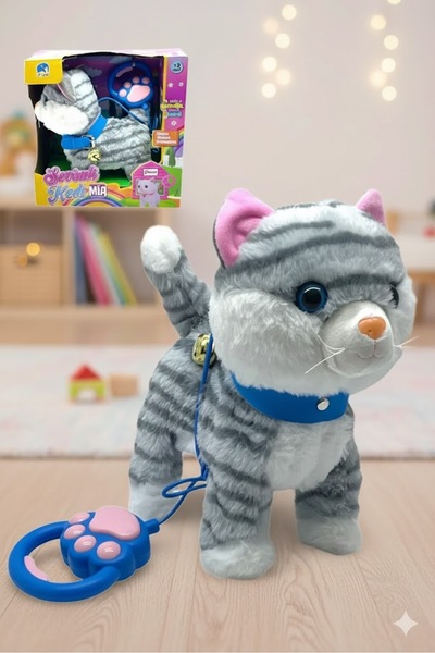 SCOWETTO Peluş Pilli Sesli Tasmalı Yürüyen Sevimli Kedi Mia Tasmalı Oyun Arka...
