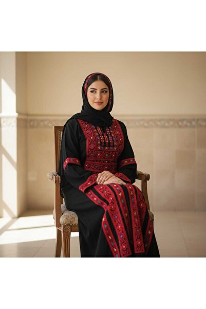 TRANDNIUM جلابية / فستان فلسطيني بتطريز أحمر