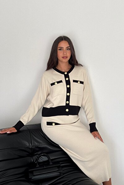 Noi Belis Crew Neck Cardigan Midi Skirt Knitwear Bottom-Top Set Aw25Au0039