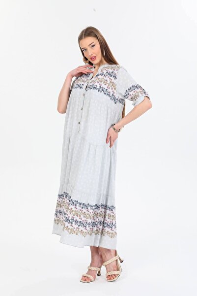 della moor Gray Italian Floral Patterned Half Buttoned Maxi Length Dress