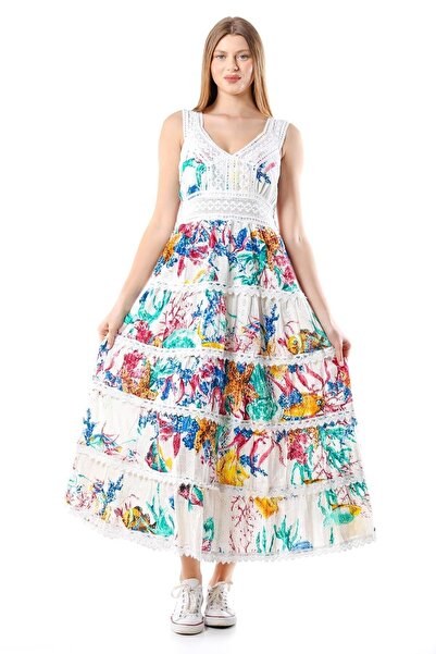 della moor Rochie lungă cu bretele din dantelă cu model exotic italian albastru