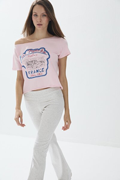 TUBİA Culoare roz pentru femei cu imprimeu Gât barca cu mânecă scurtă tricou