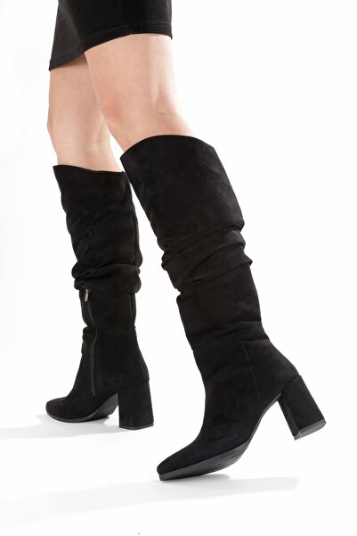 Modabuymus Black Suede Thick Heeled Crinkled Gusseted Women's Boots - Kc