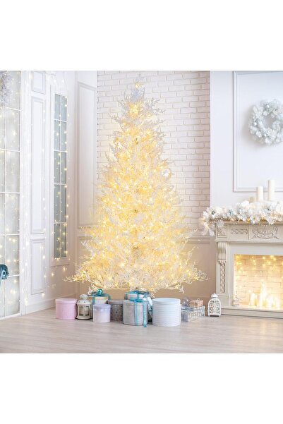 NIBEMINENT شجرة عيد الميلاد البيضاء المضاءة مسبقًا بطول 7 أقدام مع 400 ضوء دافئ وحامل معدني