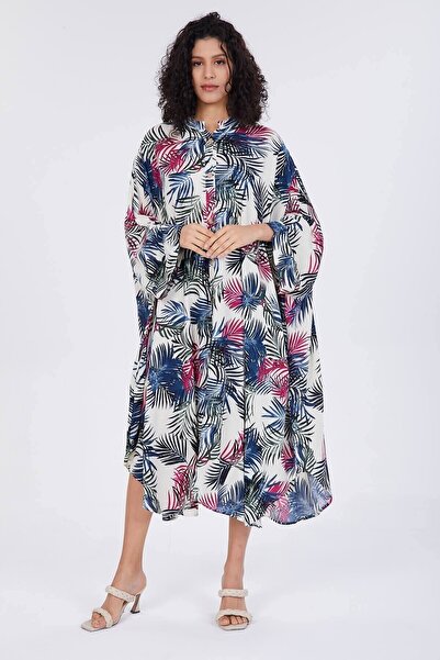 della moor Blue Palm Patterned Oversize Casual Giant Shirt Dress