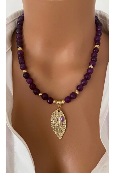 TARZ-I TAKI DOĞAL TAŞ Mor AKİK 8 mm Mor Taşlı Yaprak Altın Kaplama Özel Tasar...