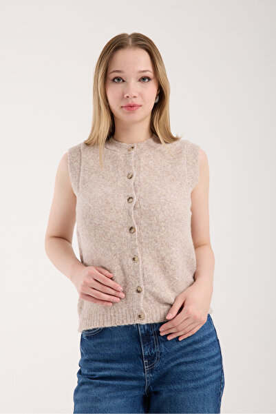 İLKCET MODA Sleeveless Buttoned Beige Thick Knit Cardigan