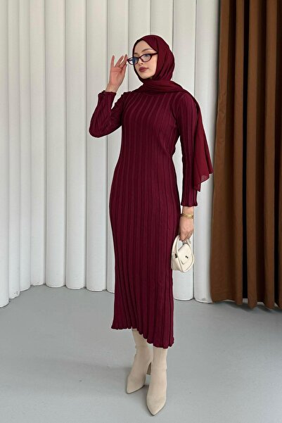 Modaensarbutik İspanyol Kol Detay Triko Tesettür Elbise-BORDO