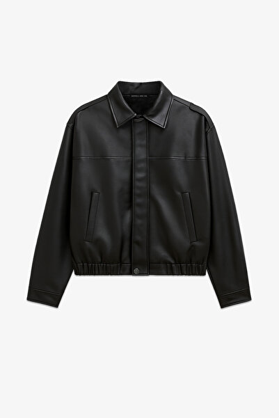 BARRELS AND OIL Women's Snap Fastener Leather-Look Jacket - Black