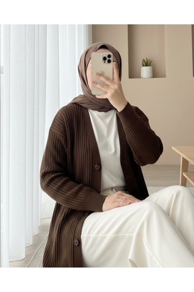 Modamorfo Corded Fabric Button Long Knit Cardigan - Brown