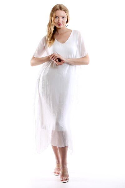 della moor White Italian V-neck Lined Silk Dress