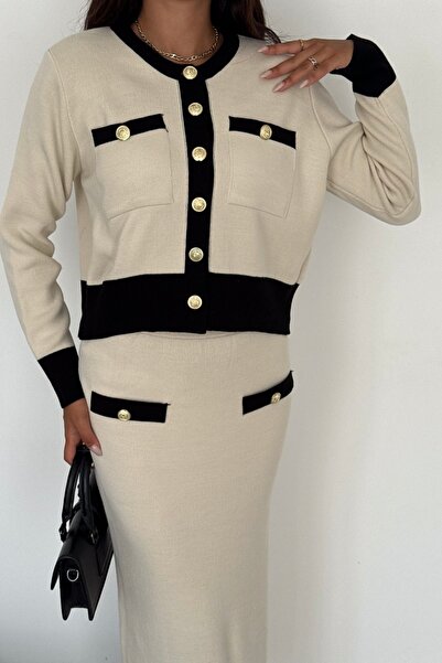 Noi Belis Crew Neck Cardigan Midi Skirt Knitwear Bottom-Top Set Aw25Au0039