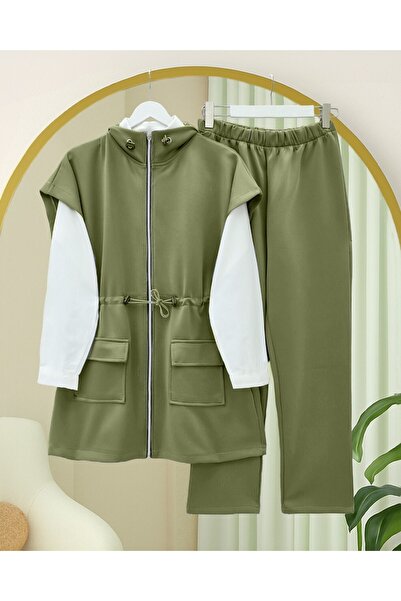 Modamorfo Double Pocket Zippered Rubber Detailed Short Sleeve Scuba Suit - Khaki