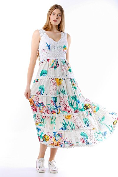 della moor Green Patterned Lace Strap Long Dress