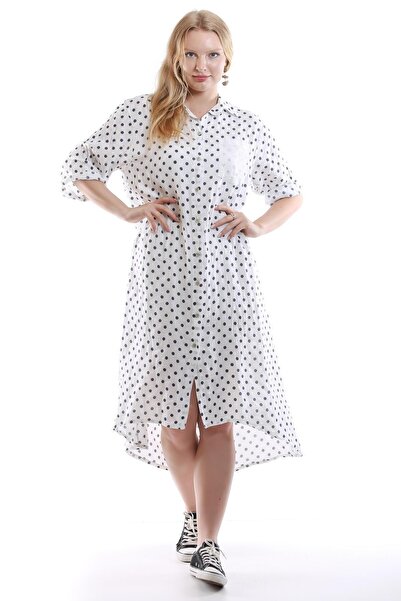della moor White Italian Polka Dot Patterned Linen Shirt Dress