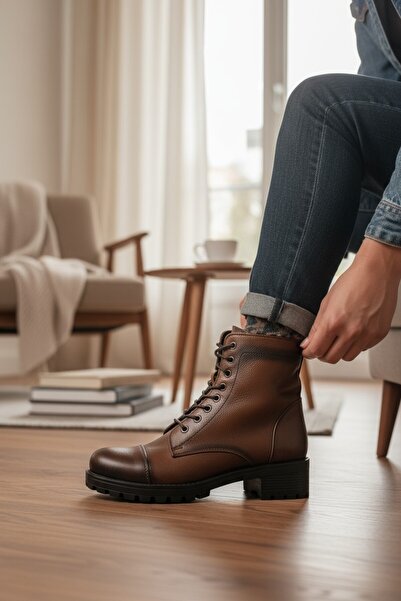 VeliKundura Modesa Genuine Leather Brown Zippered & Lace-Up Rubber Sole Women's Boots