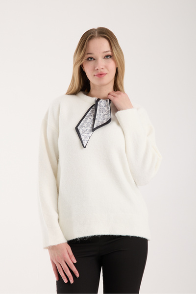 İLKCET MODA Scarf Detailed Ecru Premium Oversized Women's Sweater