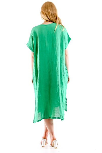 della moor Green Italian Lace Detailed Oversize Linen Dress