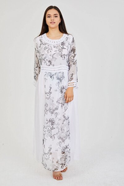 della moor White Italian Lace Detailed Floral Pattern Lined Long Silk Dress