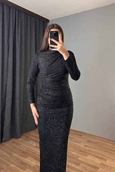 Sorridi Simli Drapeli Arkası Yırtmaçlı Midi Elbise