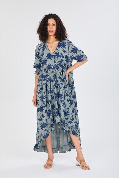 della moor Khaki Italian V-Neck Leaf Pattern Ruffled Loose Dress