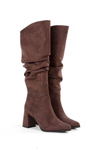 Modabuymus Bitter Brown Suede Thick Heeled Wrinkled Gusseted Women's Boots - Kc
