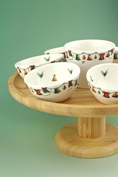 Bursa Porselen Dekor Christmas Bells Porcelain Snack Bowl Set with Bamboo Tray & Stand