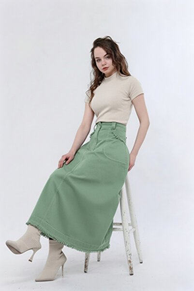 Atölye Güven Green Tasseled 100% Cotton Special Design Long Bell Skirt