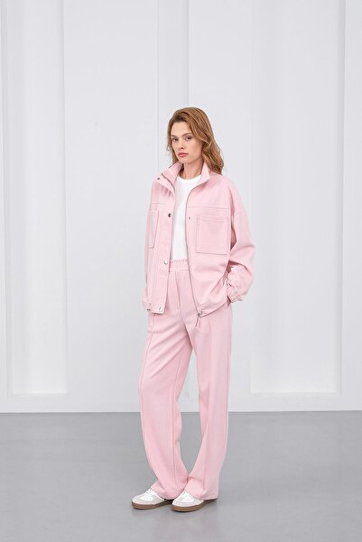 Basicpark Pink Women's Pique Textured Waist Adjustable Oversized Jacket Pants Set