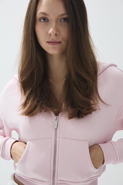 TUBİA Women's Parfait Pink Color Hooded Fleece-Lined Crop Sweatshirt Cardigan