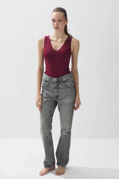 TUBİA Women's Burgundy Color V-Neck Snap-On Bodysuit