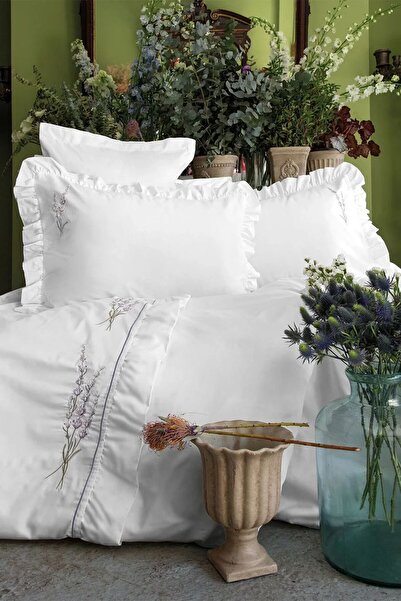 İssimo Home Lavanda Embroidered 300 Tc (120 Strands) Cotton Satin Duvet Cover Set Double