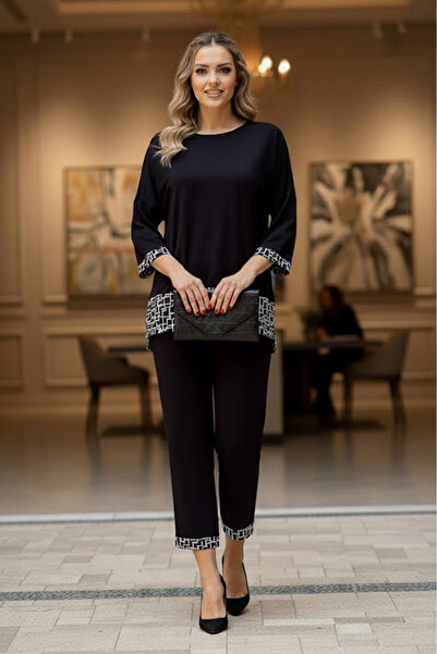 Nevin Kaya Moda Black Chain Paneled Cotton Trousers Blouse Set