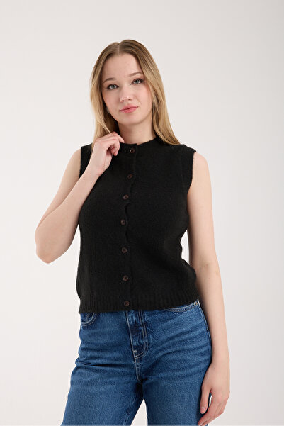 İLKCET MODA Sleeveless Buttoned Black Thick Knit Cardigan