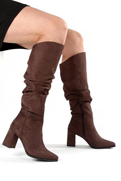 Modabuymus Bitter Brown Suede Thick Heeled Wrinkled Gusseted Women's Boots - Kc