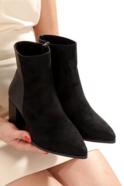 Modabuymus Black Suede Short Thick Heeled Women's Boots Hudson