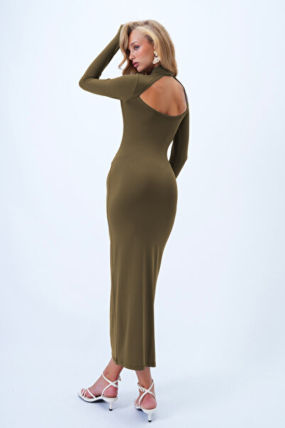 Trend Alaçatı Stili Női khaki színű, állógalléros, hátul kivágott, maxi hossz...